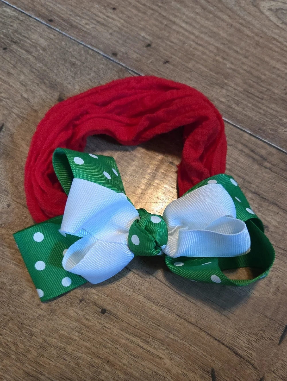 Red Headband with Green & White Polka Dot Bow